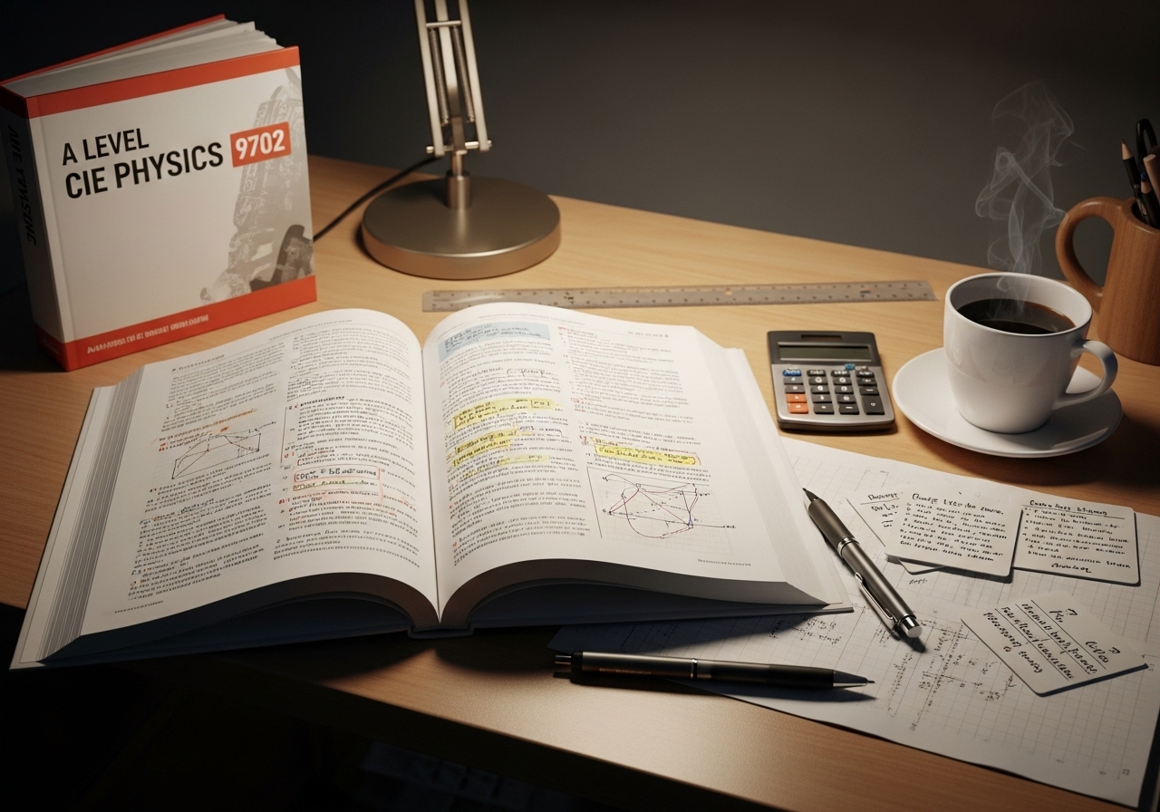 A Level CIE Physics 9702 Revision Notes on the table with the cup of black coffee